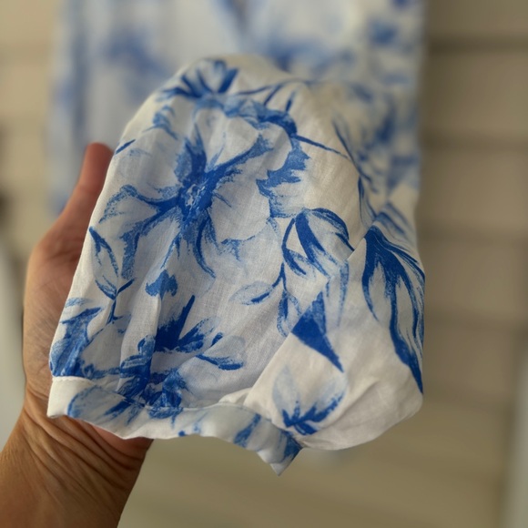 Zara Printed Cotton Blouse White with Blue Flowers, size Large - Picture 5 of 11